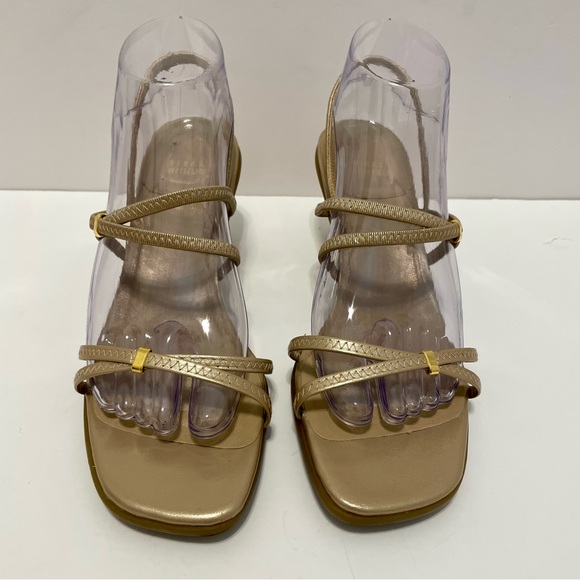 Stuart Weitzman Mid-Heel Square Toe Gold Heels With Elastic Straps Size 9 - Picture 7 of 12